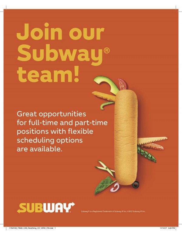  Now Hiring - Subway @ 10 Disera Drive