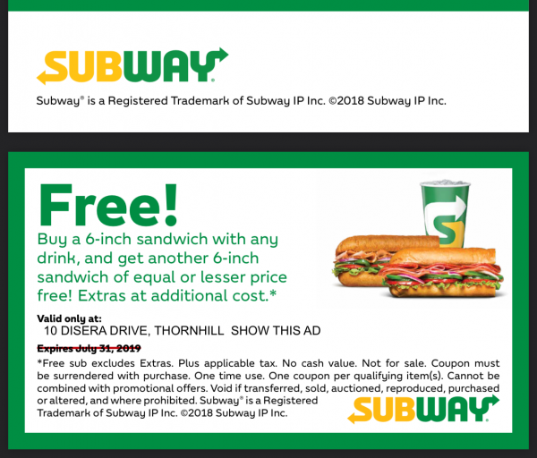  SUBWAY SPECIAL - Just Show this AD!